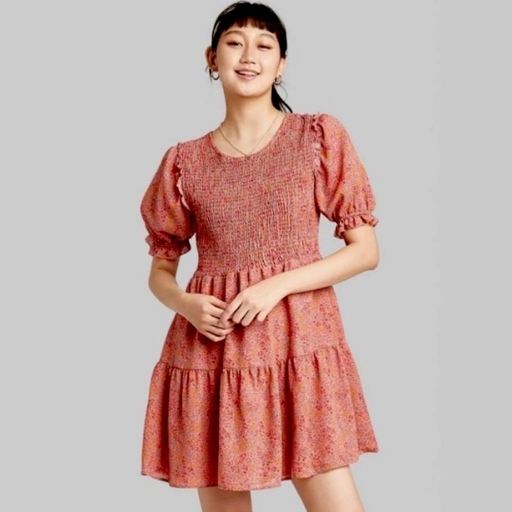 Wild Fable Pink Floral Fit & Flare Ruffle Puff Sleeve Tiered Smocked Dress XXL